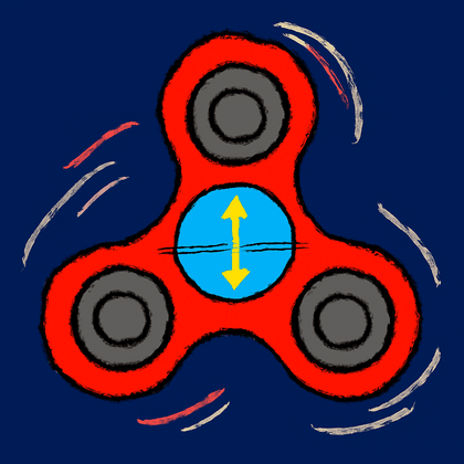 Q Spin: a red fidget spinner with a blue hub and a yellow arrow pointing up and down